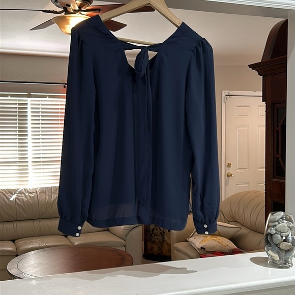 LOFT Women’s Semi Sheer Navy Blue Long Sleeve V-Neck Blouse Size XS - Picture 2 of 6